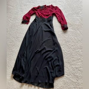 Long sleeve, long dress, black and burgundy/wine with black embellishment